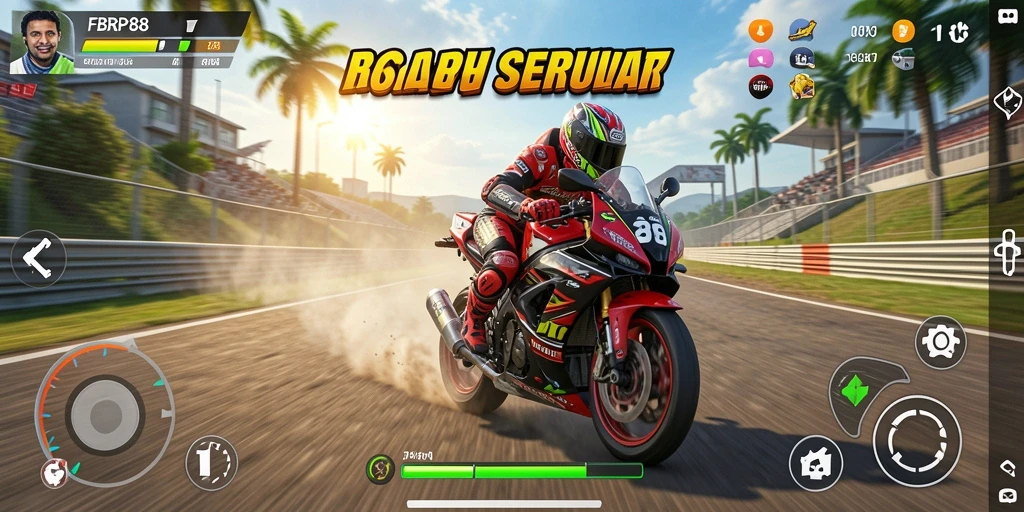 Screenshot gameplay FBRP88 yang menunjukkan aksi balap motor yang mendebarkan.