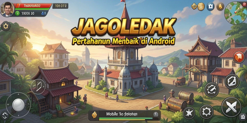 Tangkapan layar gameplay JAGOLEDAK menunjukkan menara bertahan melawan serangan musuh.