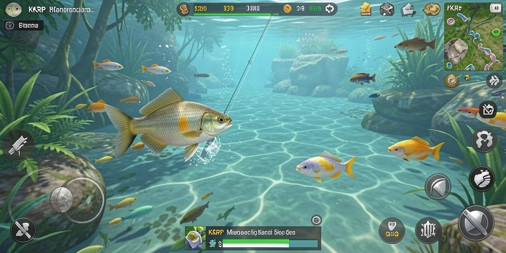 Screenshot gameplay KKRP menampilkan pemain yang sedang memancing di danau berair jernih.