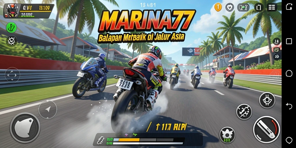 Tampilan gameplay MARINA77 yang menampilkan balapan seru dan motor kencang.