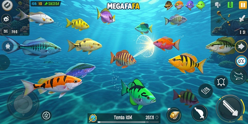Tampilan gameplay seru dalam MEGAFAFA saat menembak ikan.