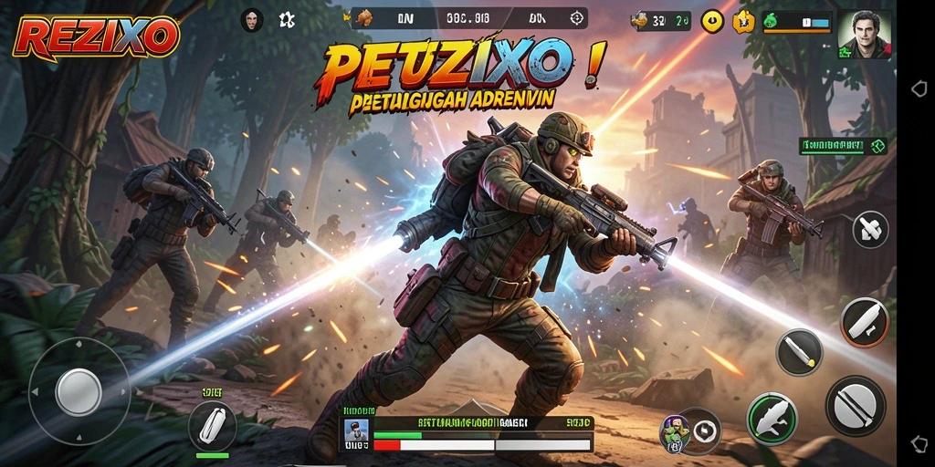 Screenshot utama REZIXO menampilkan aksi pertempuran seru.