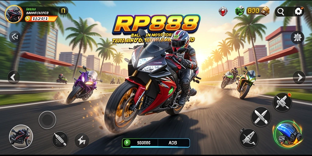Screenshot gameplay RP888 menampilkan aksi balap motor yang mendebarkan.