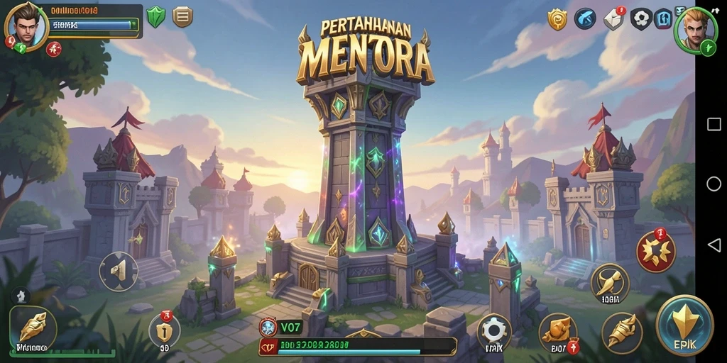 Screenshot gameplay V07 yang menunjukkan strategi menara dalam aksi.